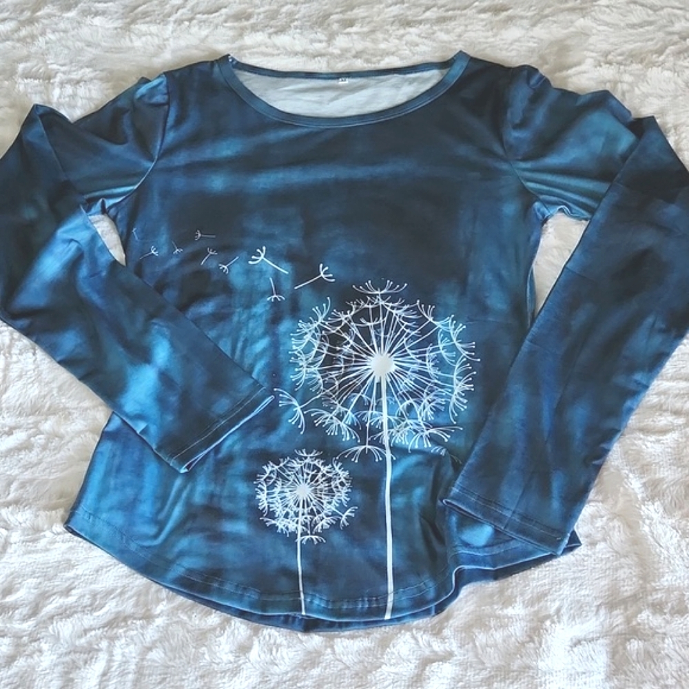 NEW, Dandelion, Women, M, Teal Blue, Stretch, Long Sleeve, Curve Hem, Shirt, Top